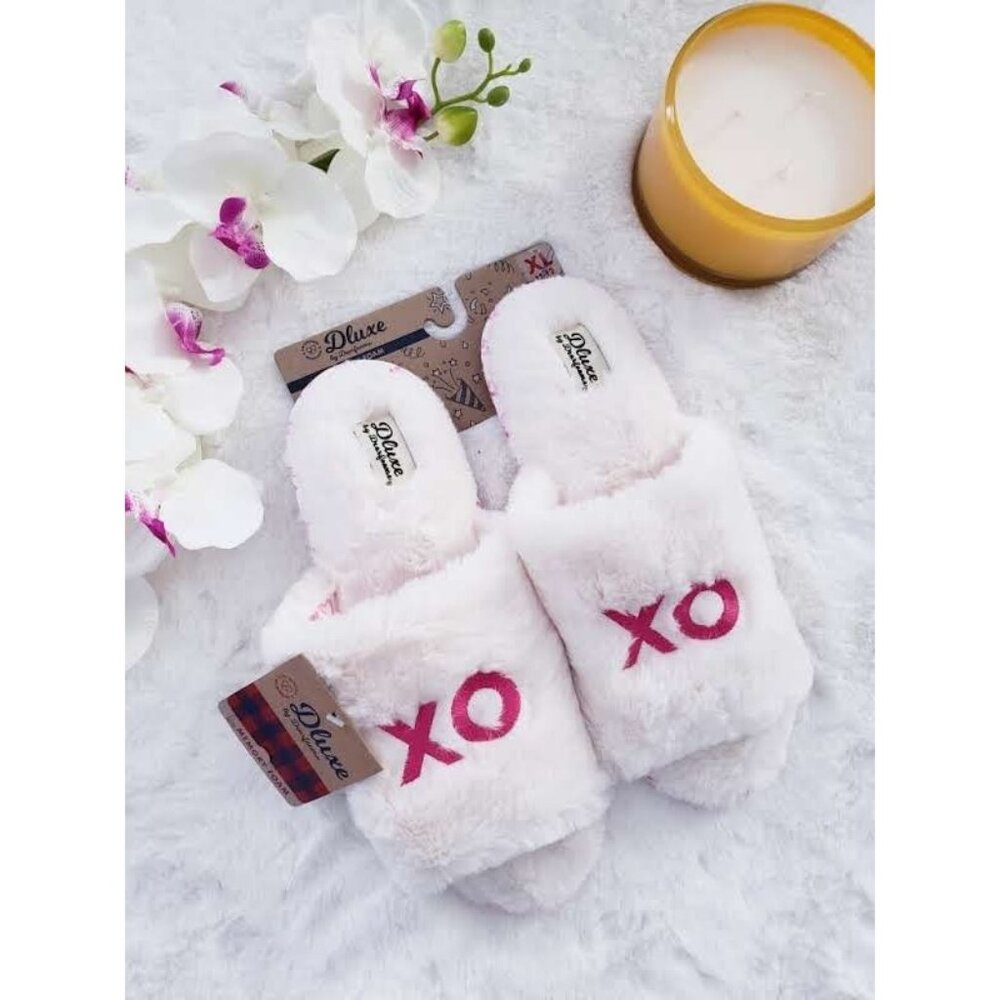 Dearfoams DLuxe Slip-On Plush Cozy Fluffy XO Slipper XL (11/12) Ivory Pink Women